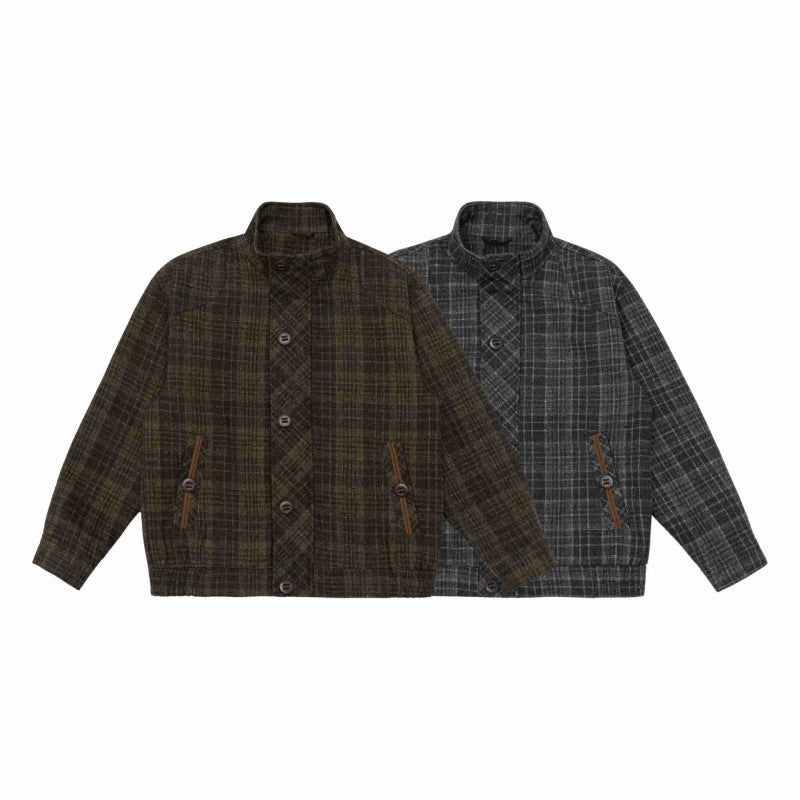 Herren Boxy-Blouson aus Wollmix mit Stehkragen, verdeckter Knopfleiste und Lederapplikationen Drune