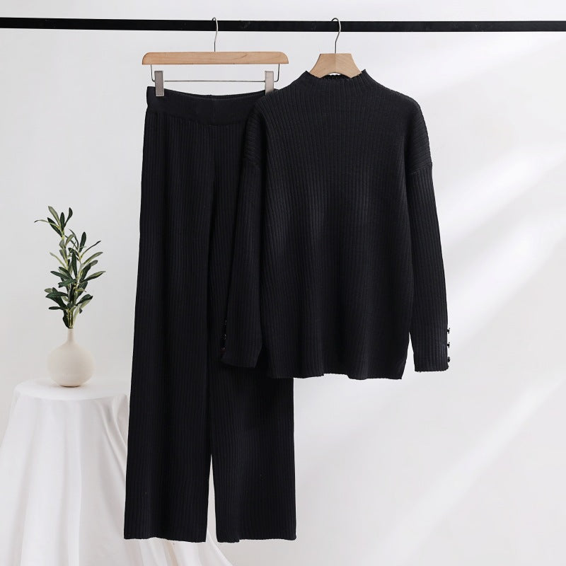Damen lässiger Strickanzug mit Stehkragen und Knopfdetails Drune
