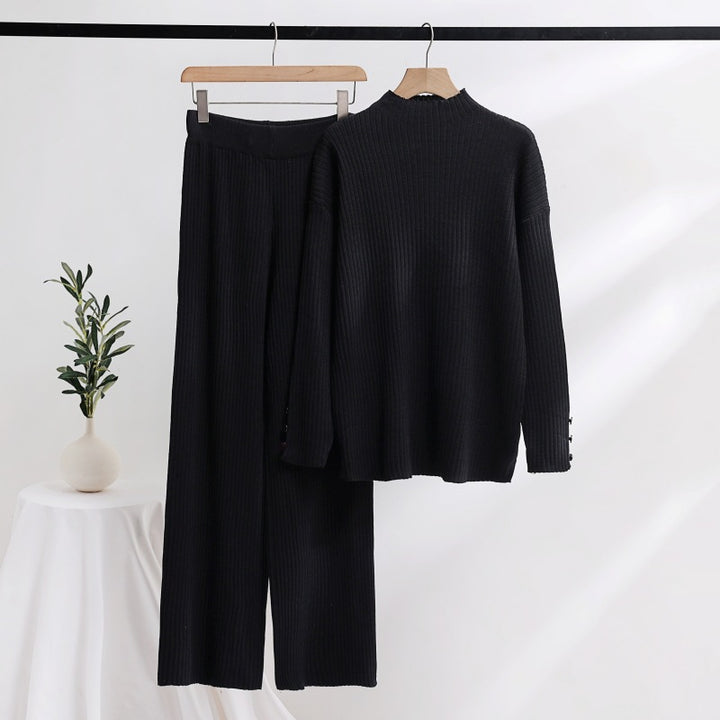 Damen lässiger Strickanzug mit Stehkragen und Knopfdetails Drune