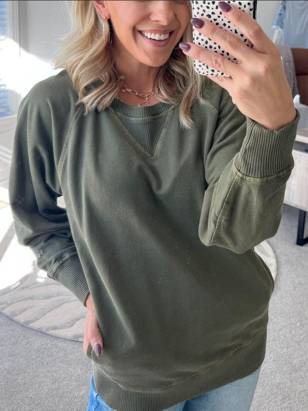 Damen Oversize Baumwoll-Sweatshirt mit V‑Stitch, Rippbündchen und Seitentaschen Drune