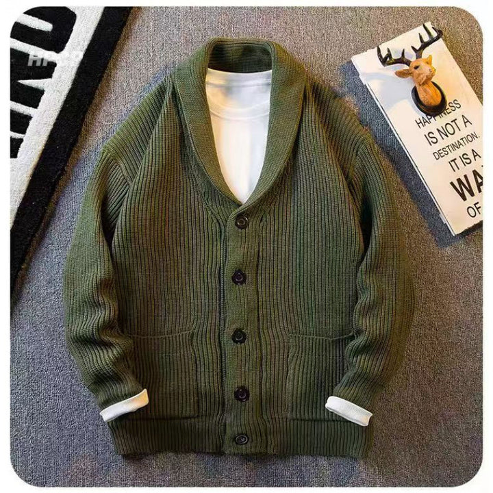 Herren Schalkragen-Cardigan aus grobem Rippstrick mit Taschen & Knopfleiste Drune