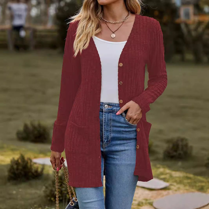 Damen nan langer gerippter Strickcardigan mit Eingrifftaschen und Holzknöpfen Drune