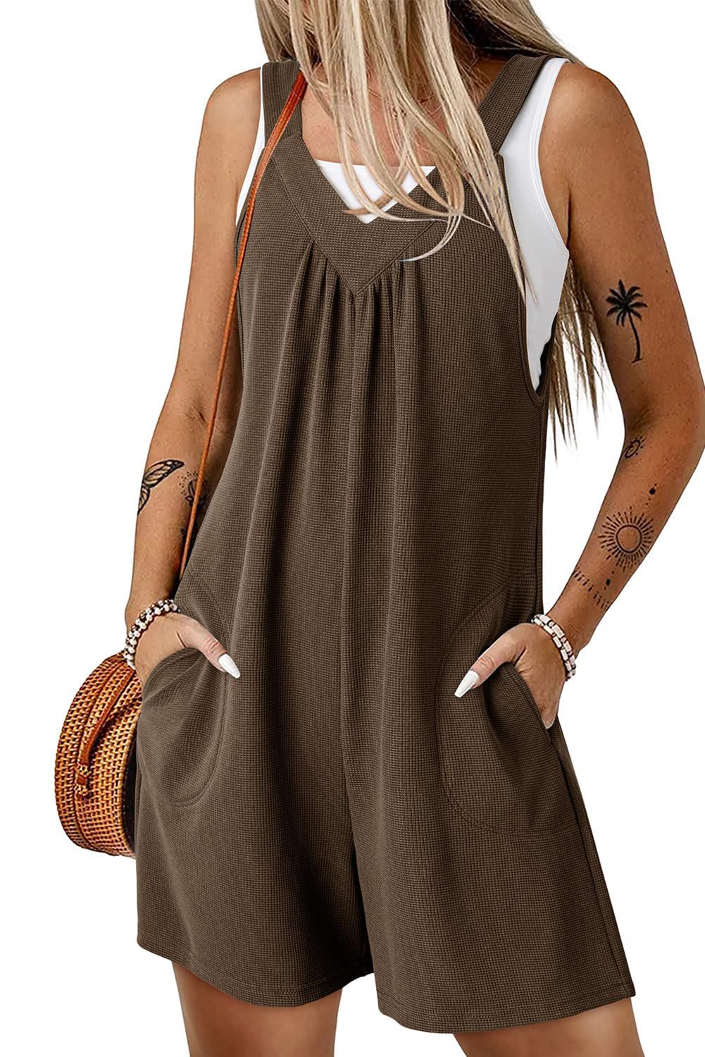 Damen Ärmelloser Waffel-Shorts-Overall mit V‑Ausschnitt und Eingrifftaschen Drune