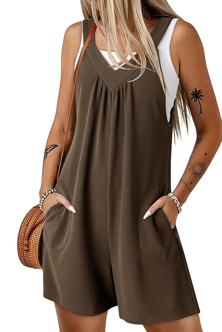 Damen Ärmelloser Waffel-Shorts-Overall mit V‑Ausschnitt und Eingrifftaschen Drune