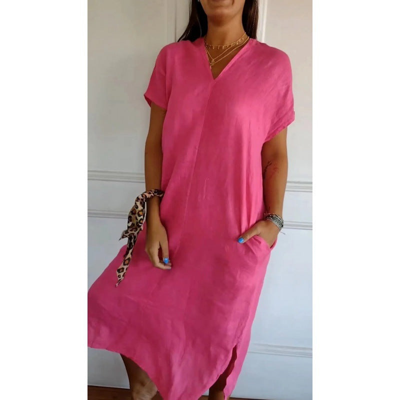 Damen Lässiges V-Ausschnitt Kleid mit praktischen Taschen und oversize Schnitt Drune