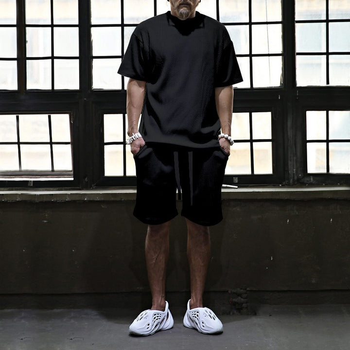 Herren nan lässiges Waffeljersey-Set mit weitem Oberteil und Tunnelzug-Shorts Drune