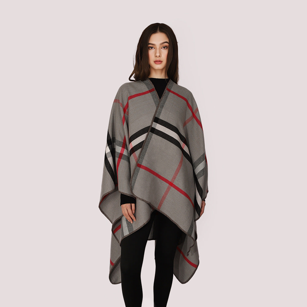 Damen Karierter Wollmix‑Poncho im Oversize‑Cape‑Schnitt mit Zierstichkante Drune