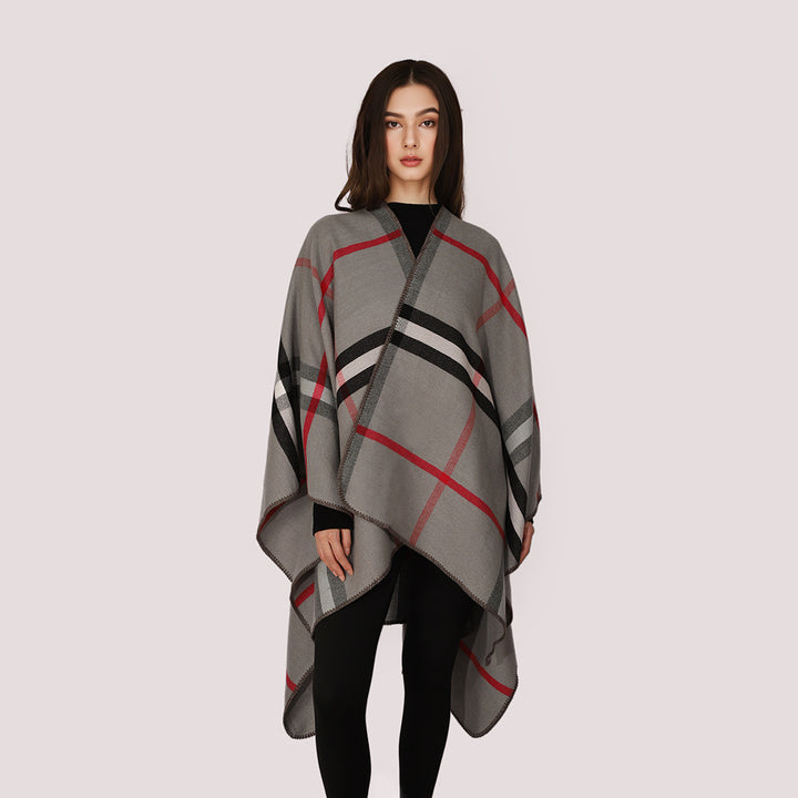 Damen Karierter Wollmix‑Poncho im Oversize‑Cape‑Schnitt mit Zierstichkante Drune
