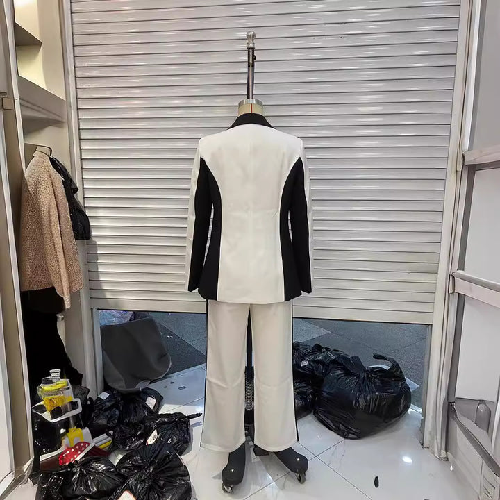 Damen nan elegante Zweiteiler-Blazer mit kontrastierenden Seitenbahnen und taillierter Bundfaltenhose Drune