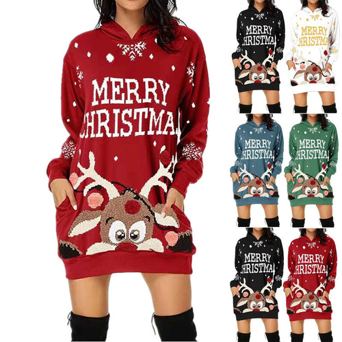 Damen Weihnachtlicher Hoodie-Kleid mit Kapuze und Taschen Drune