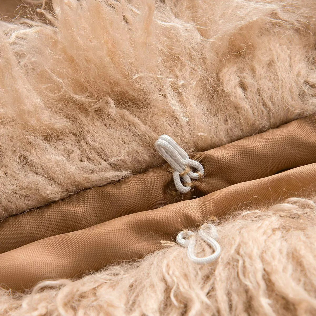 Damen nan langer Mantel mit Kapuze und langflorigem Lammfellimitatbesatz Drune