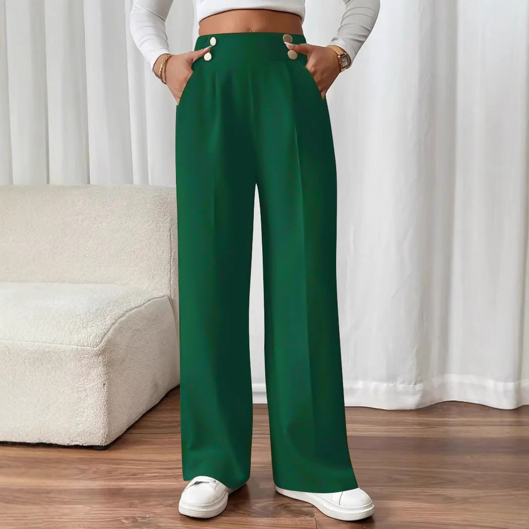Damen Hochtaillierte Palazzo-Hose mit Zierknopfleiste, Bügelfalte und Eingrifftaschen Drune