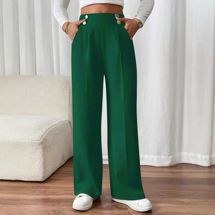 Damen Hochtaillierte Palazzo-Hose mit Zierknopfleiste, Bügelfalte und Eingrifftaschen Drune