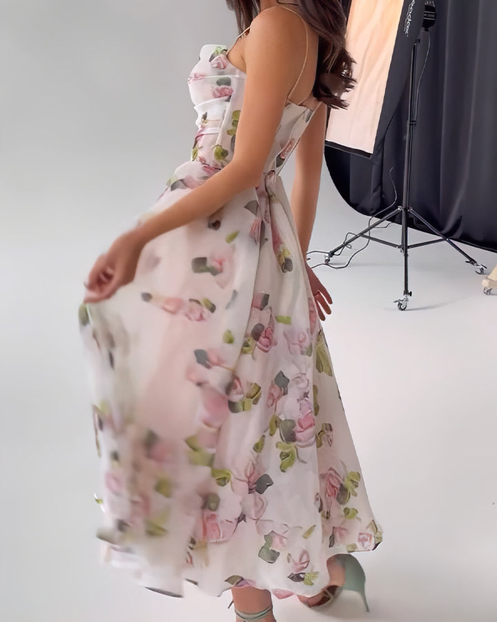 Damen Halb-transparentes Abendkleid mit floralem Muster und Trägern Drune