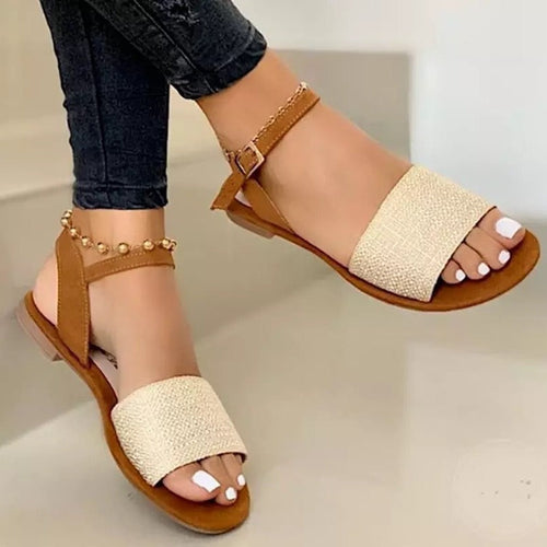 Damen nan flache Sandalette mit breiter Strassbandage und verstellbarem Knöchelriemen Drune