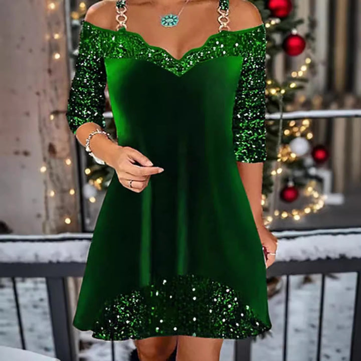Damen nan schulterfreies Pailletten-Swingkleid mit zierlichen Ketten‑Trägern, halblangen Ärmeln und Volantbesatz Drune