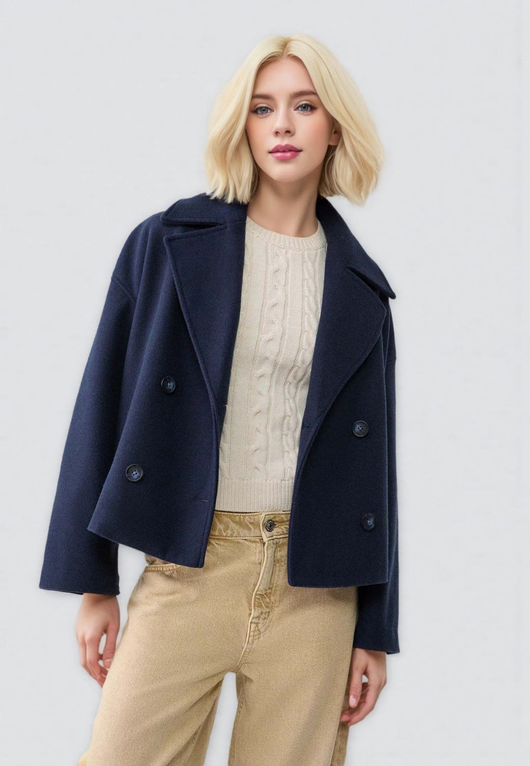 Damen Kurzer Doppelreihiger Wollmix-Mantel mit Oversize-Revers Drune