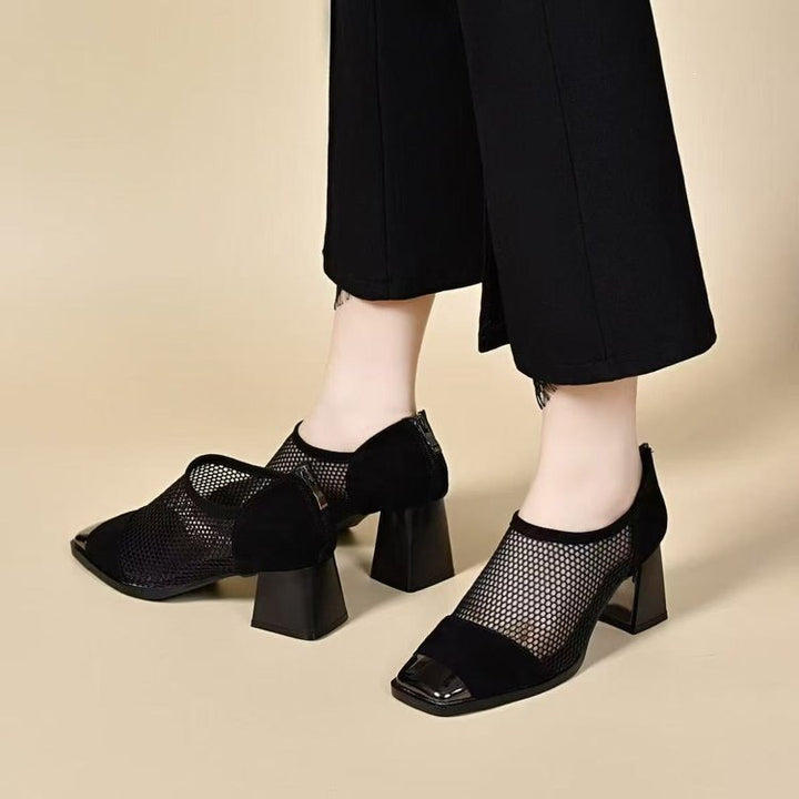 Damen Elegante Netz Pumps mit Blockabsatz Drune