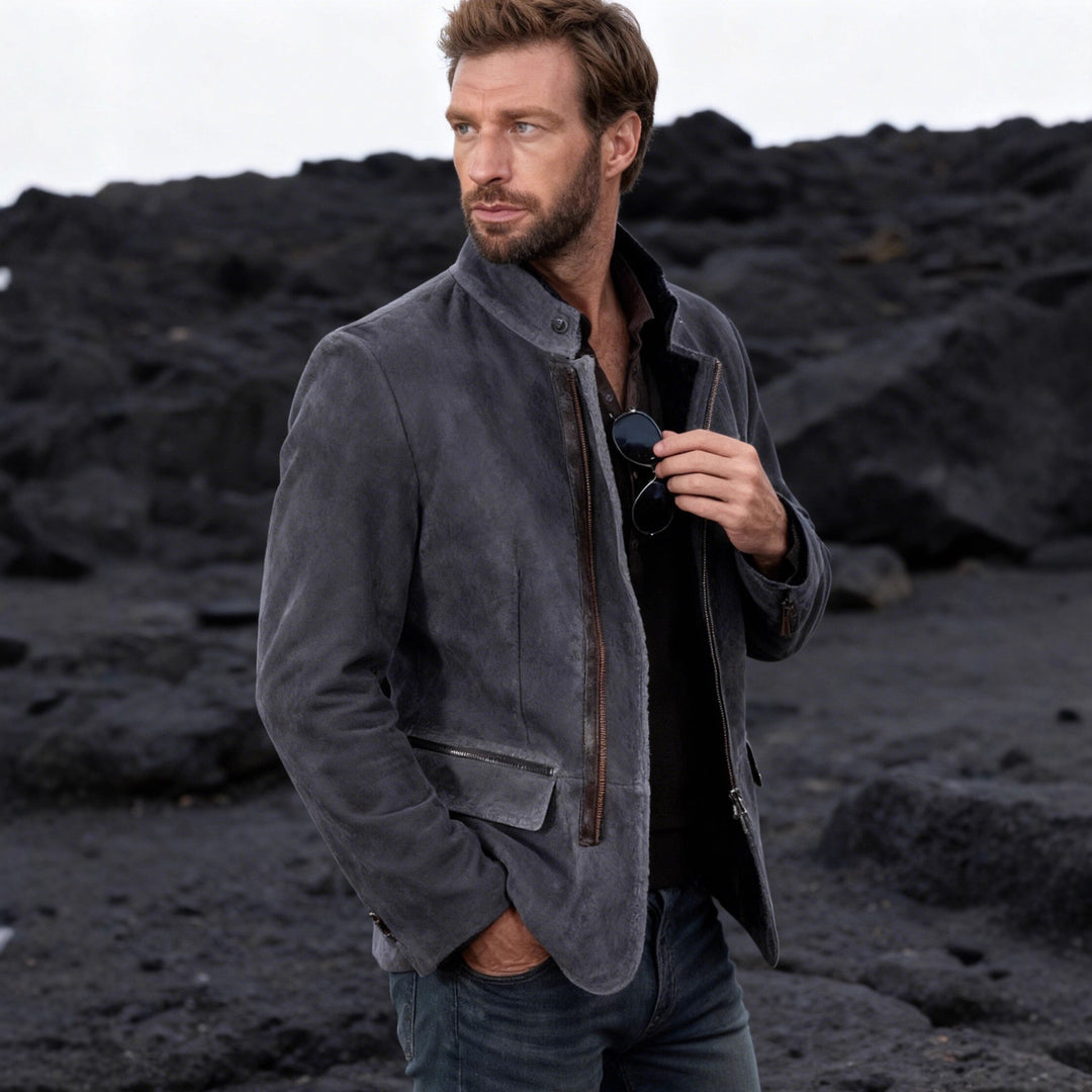 Herren nan elegante Wildlederjacke mit Stehkragen und verdecktem Reißverschluss Drune