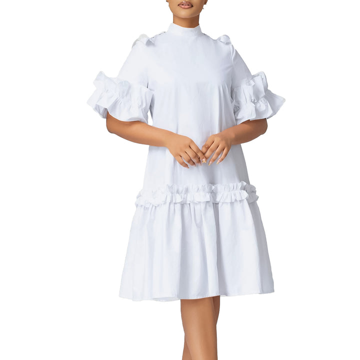 Damen Midikleid mit voluminösen Rüschenärmeln und elegantem Stehkragen Drune