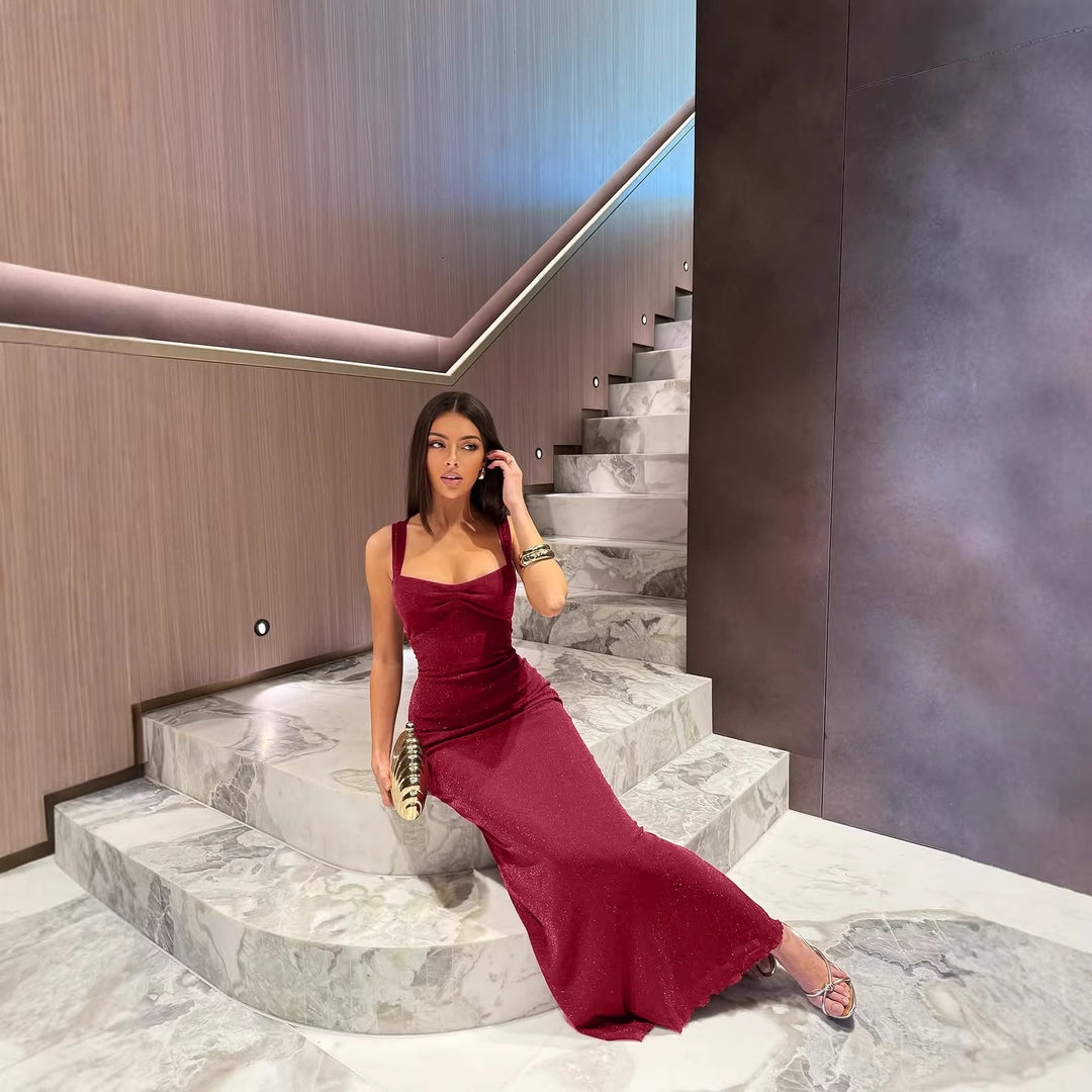 Damen Glitzerndes Maxikleid mit Carmen-Ausschnitt und figurformendem Schnitt Drune