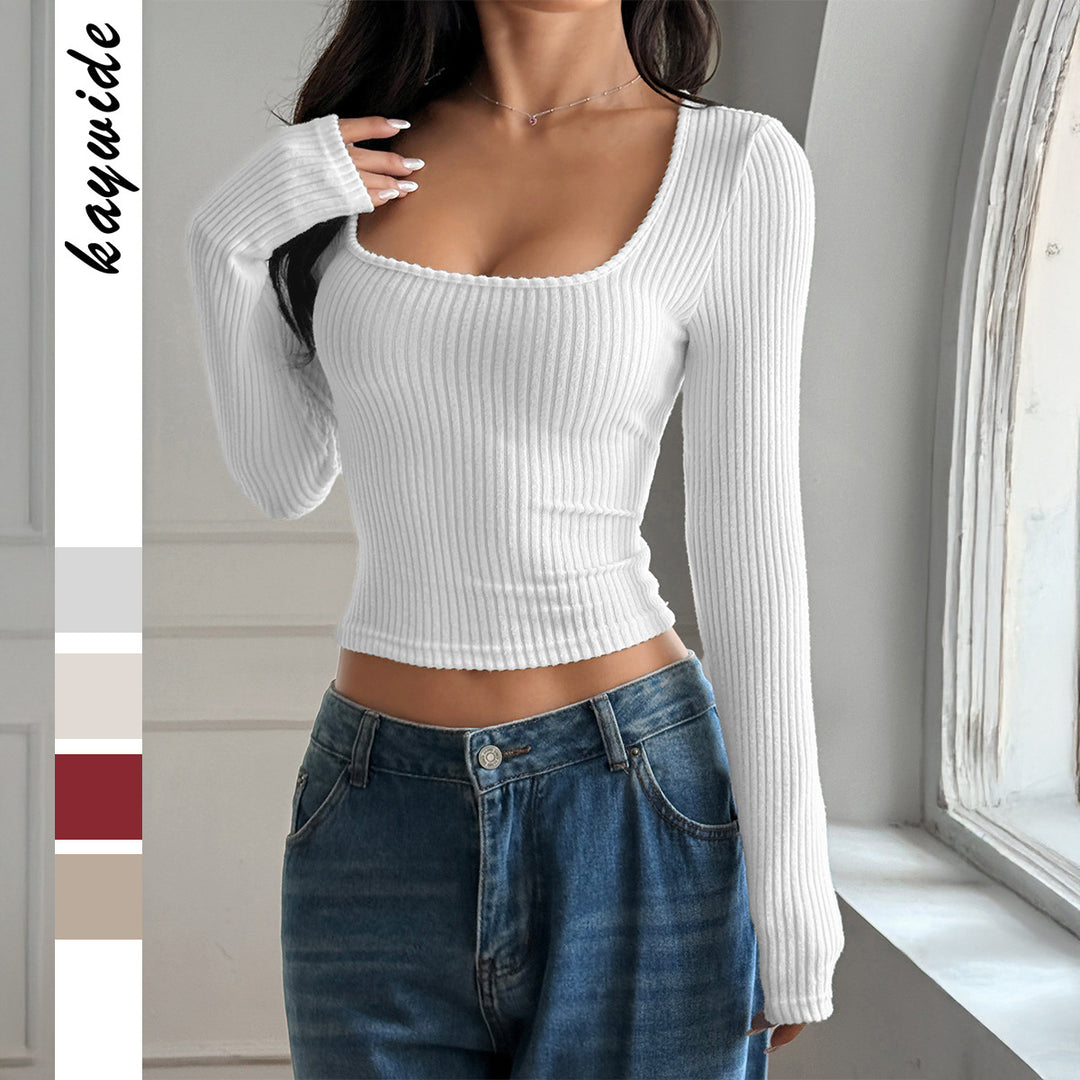 Damen nan tailliertes Rippstrick-Longsleeve mit tiefem quadratischem Ausschnitt und formendem Shaping-Effekt Drune
