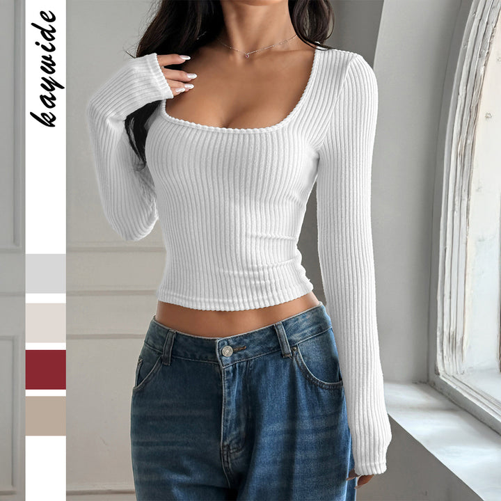 Damen nan tailliertes Rippstrick-Longsleeve mit tiefem quadratischem Ausschnitt und formendem Shaping-Effekt Drune