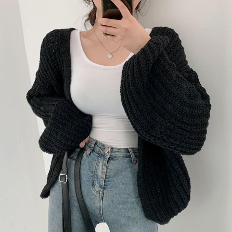 Damen grob gestrickte Oversized Cardigan mit tiefem V-Ausschnitt Drune