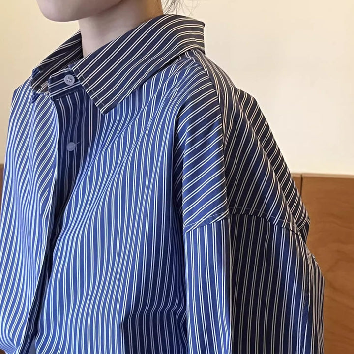 Damen Oversized Langarm Hemdbluse mit vertikalen Streifen und weiter Passform Drune