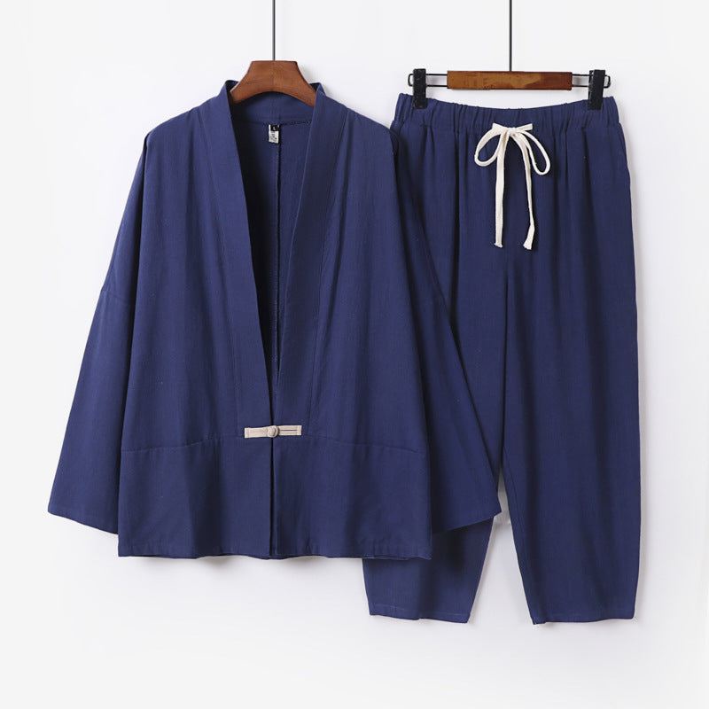 Unisex Lässiges Kimono-Loungewear-Set aus leichtem Leinenmix mit Kordelbundhose Drune