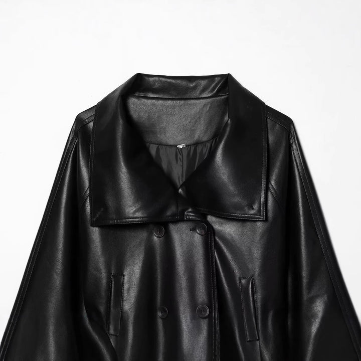 Damen Cropped Kunstleder‑Trenchjacke im Boxy‑Schnitt mit übergroßem Schalkragen und Bindegürtel Drune