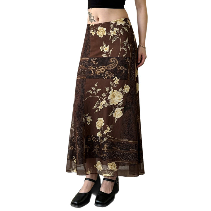 Damen Maxi-Rock mit floralem Design und transparenter Chiffon-Überlage Drune
