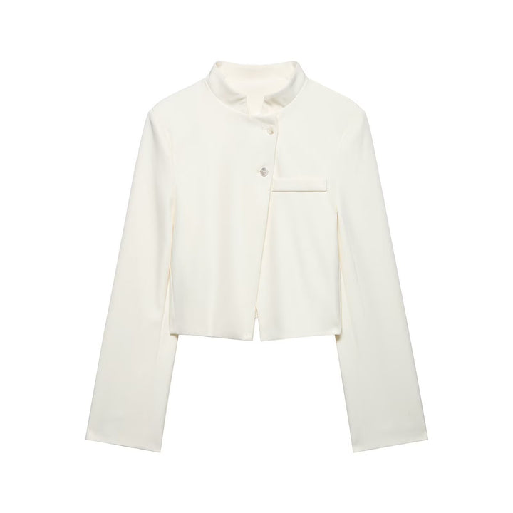 Damen Kurzer taillierter Blazer mit Stehkragen und asymmetrischer Knopfleiste Drune