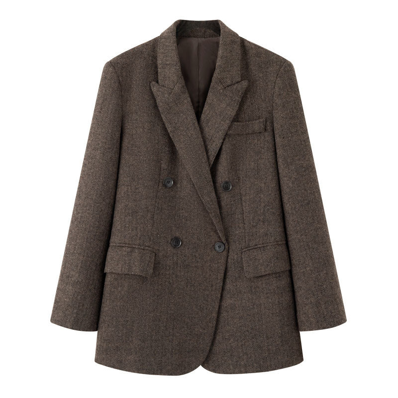 Damen Zweireihiger Wollmix-Blazer im Fischgrätmuster mit Pattentaschen Drune