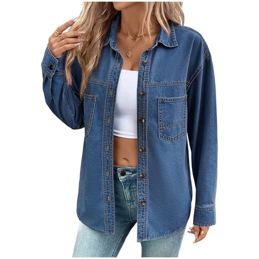 Damen Oversize Jeanshemdjacke im Washed-Look mit Brusttaschen und durchgehender Knopfleiste Drune