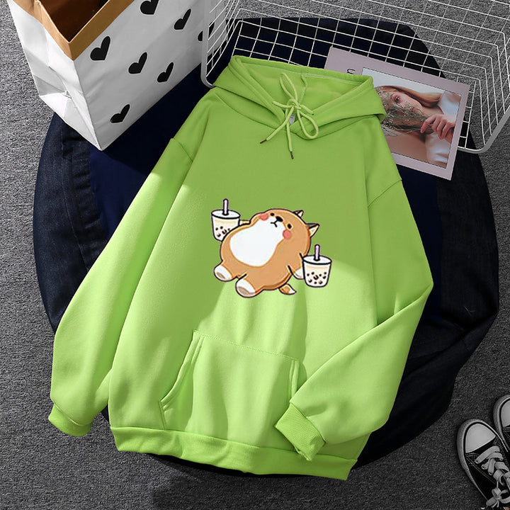 Damen nan niedlicher Kapuzenpullover mit Kängurutasche, oversized Schnitt und Bubble‑Tea Corgi-Print Drune