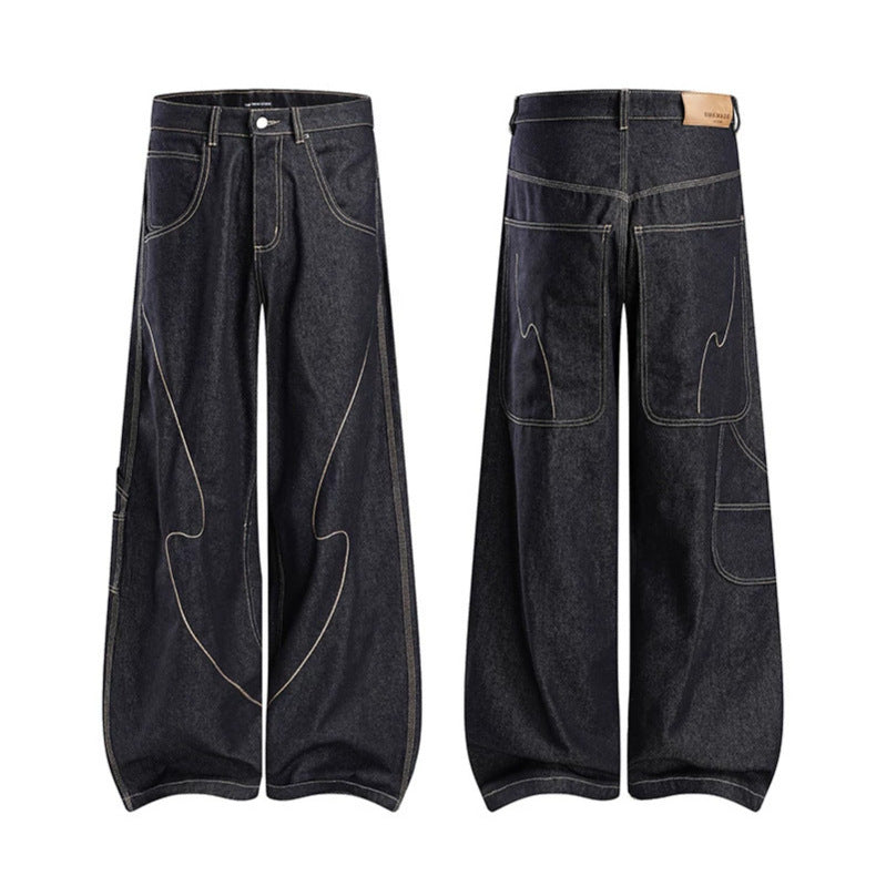 Damen High‑Waist weite Balloon-Jeans mit Kontrastnähten und Utility‑Tasche Drune