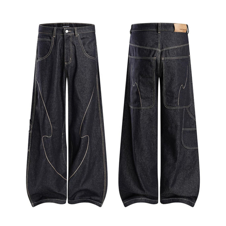Damen High‑Waist weite Balloon-Jeans mit Kontrastnähten und Utility‑Tasche Drune