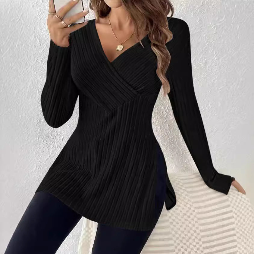 Damen Gerippter Wickel‑V‑Ausschnitt Longpullover mit Taillenbetonung und Seitenschlitzen Drune