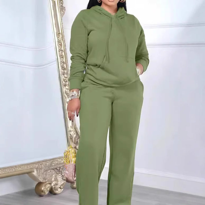 Damen nan Relax-Loungewear-Set mit weitem Highwaist-Palazzo-Jogger, Kapuzenpullover mit Kängurutasche und seitlichem Saumschlitz Drune