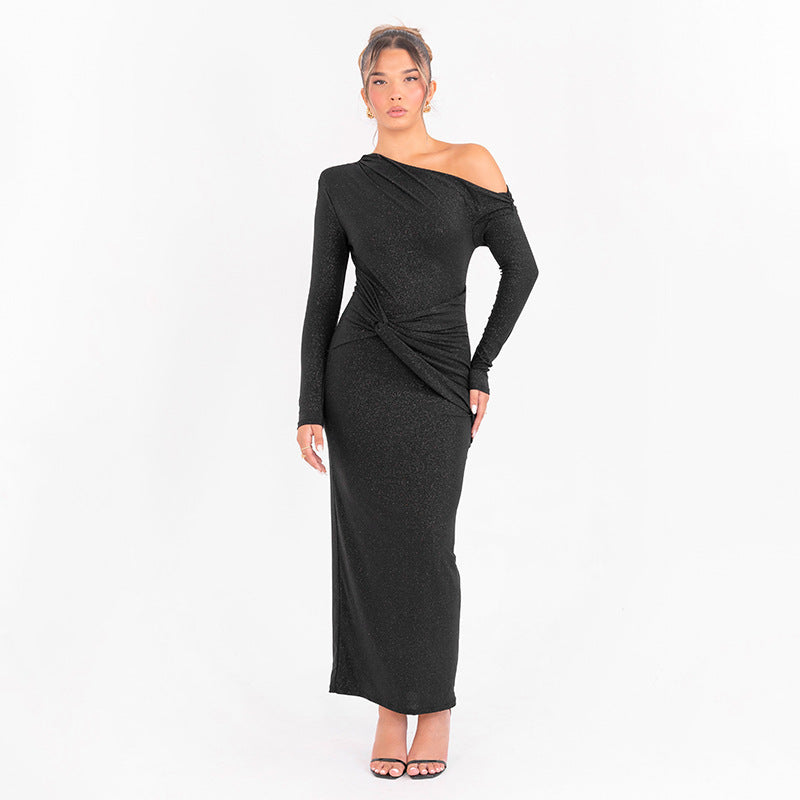 Damen Elegantes Maxikleid mit asymmetrischem Oberteil und Drapierung Drune