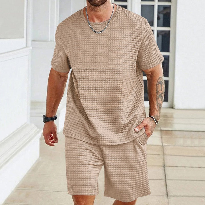 Herren nan leichter Freizeit-Zweiteiler in Waffelstruktur mit Rundhals-T-Shirt und komfortablen Shorts Drune