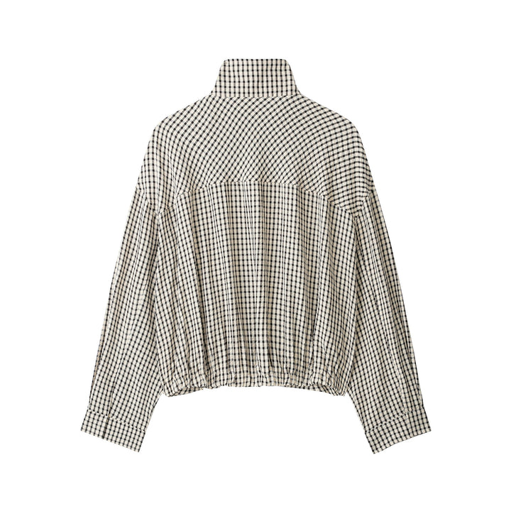 Damen Karo Cropped Oversized Jacke mit Funnelkragen und Tulpenform Drune