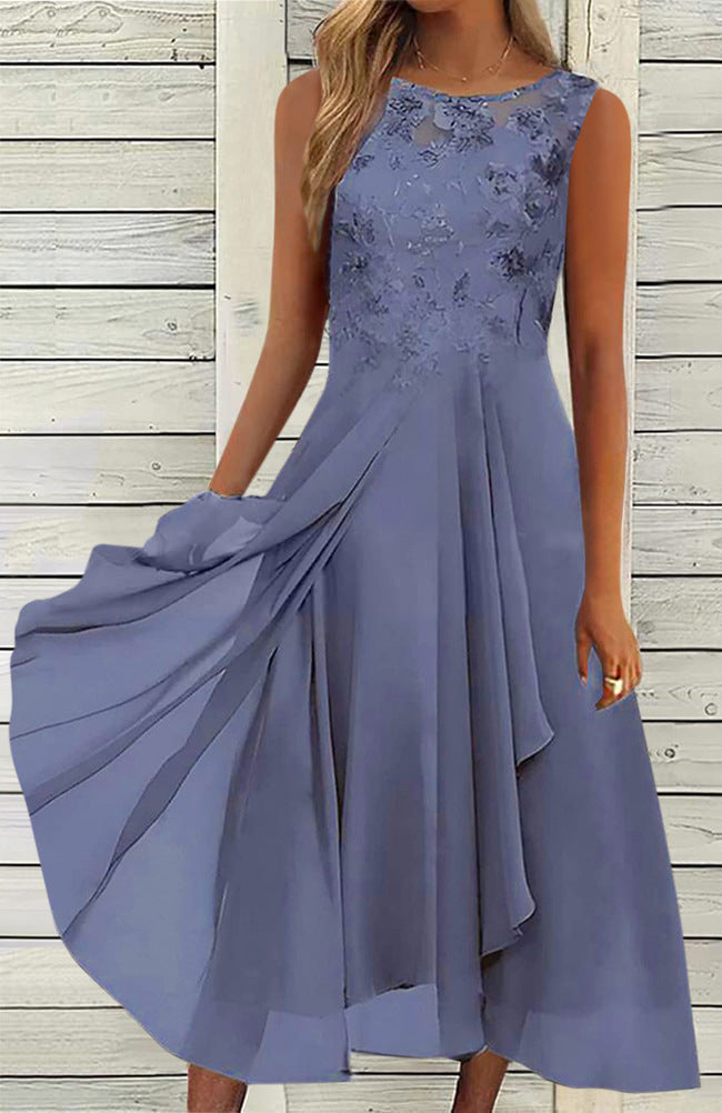 Damen nan ärmelloses Chiffon-Midikleid mit bestickter Brustpartie und asymmetrischem Lagenrock Drune