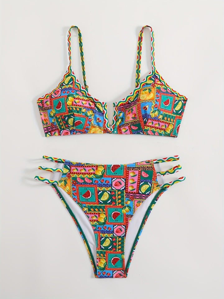 Damen Bikini-Set mit buntem Fruchtmuster und raffinierten Trägerdetails Drune