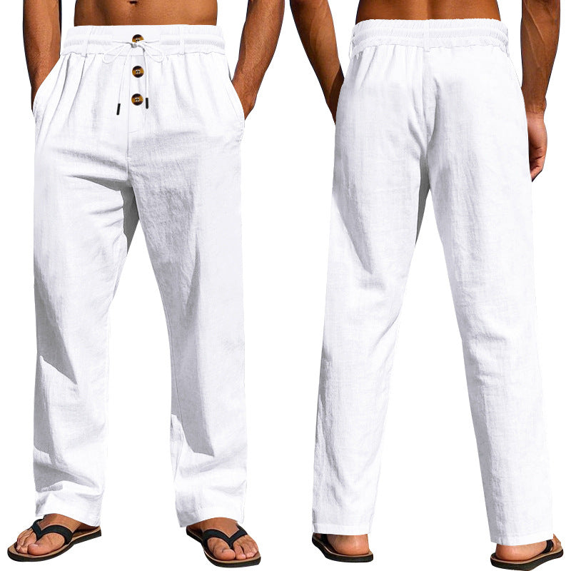 Herren nan lockere Leinen-Relaxhose mit elastischem Tunnelzugbund, Kordelzug und dekorativer Knopfleiste Drune