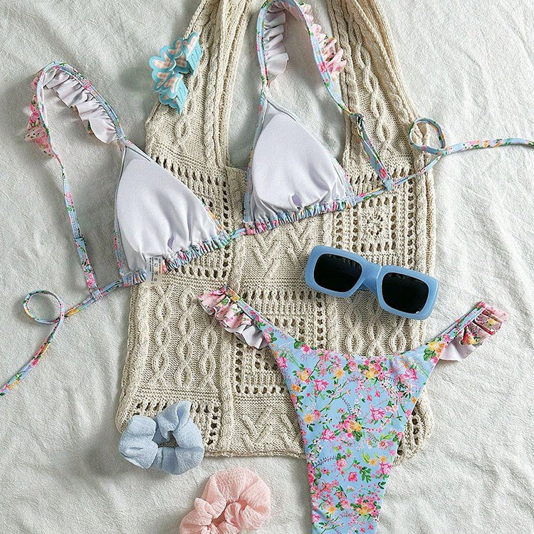 Damen Triangel-Bikini-Set mit floralen Rüschendetails und verstellbaren Trägern Drune