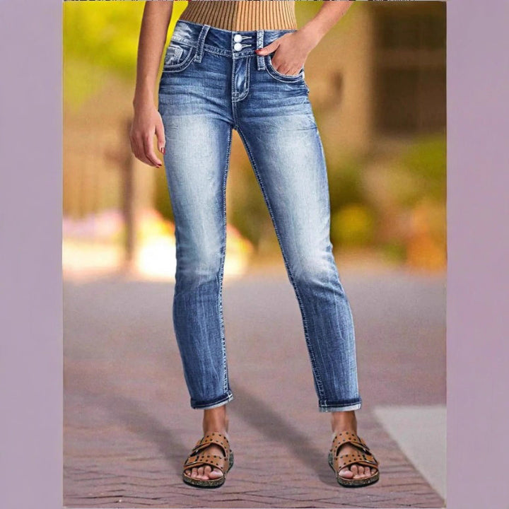Damen Hochtaillierte Cropped-Skinny-Jeans mit Doppelknopf und Vintage-Waschung Drune