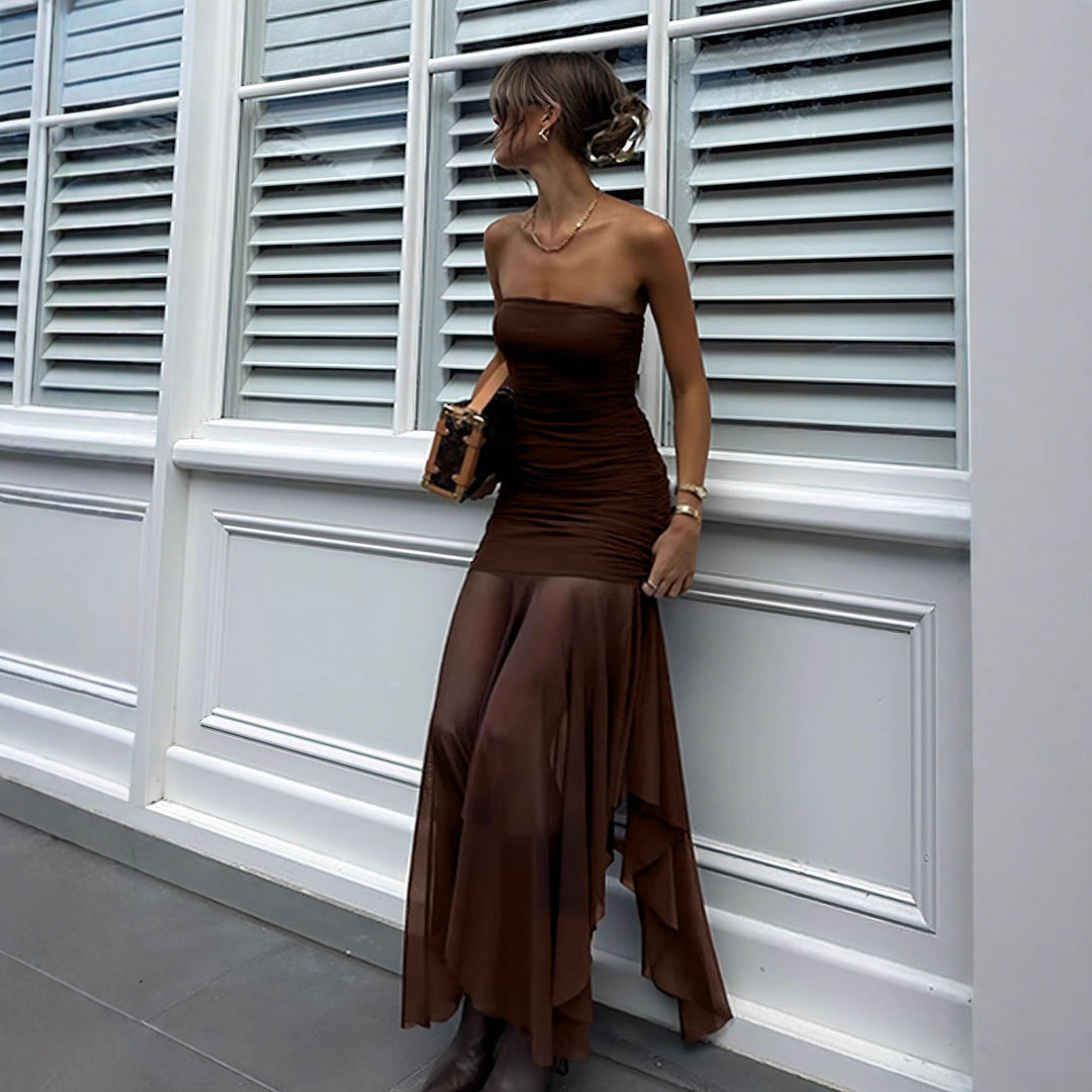 Damen Extravaganter Maxikleid mit Raffungen und asymmetrischem Saum Drune