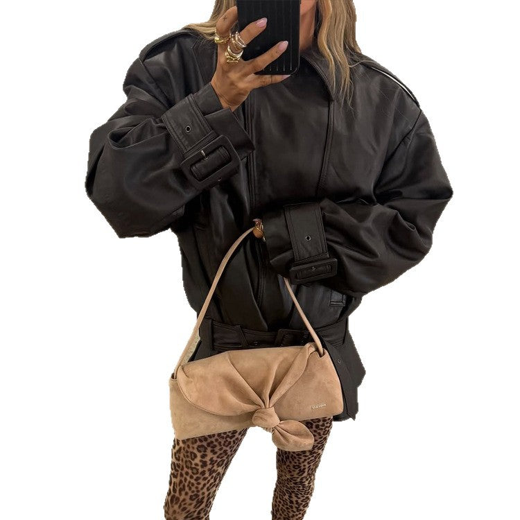 Damen Oversize-Lederjacke mit taillierendem Bindegürtel und Volant-Saum Drune